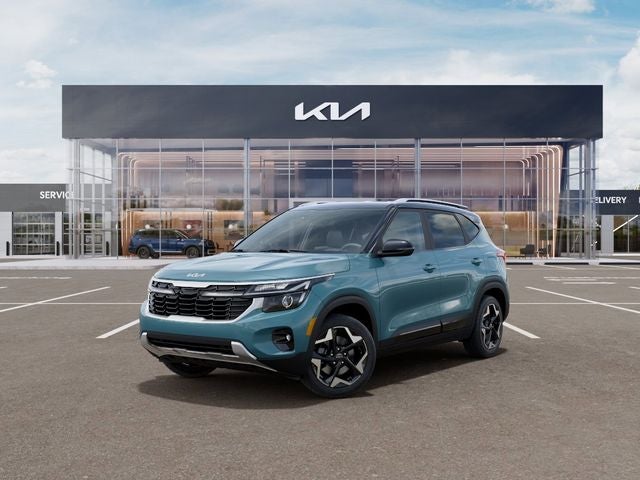 2026 Kia Seltos S in Pluton Blue/Black Roof — front three-quarter view